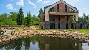 A modern two-story house with a stone facade, a balcony, and a pond in the front yard. - Rezidence Jezerní  (Železná Ruda)