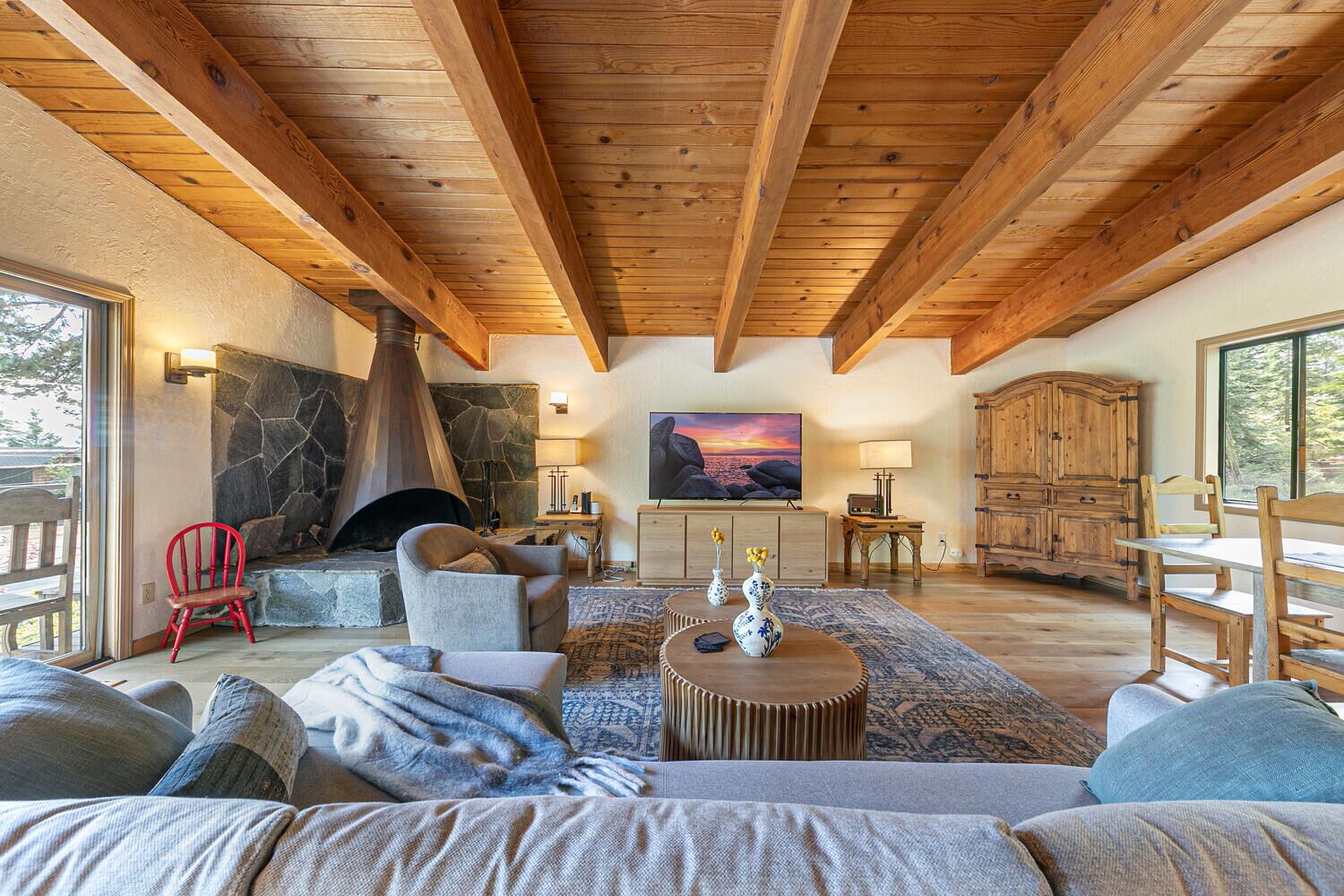 Smart TV, fireplace, books