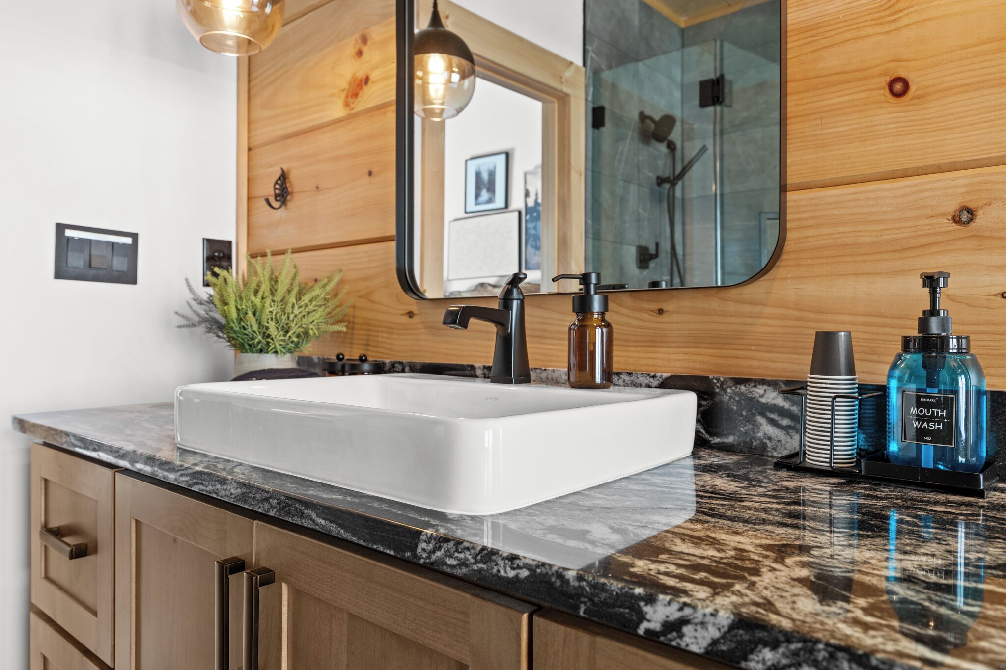 Un baño moderno con un lavamanos blanco, grifo negro y un espejo grande. Se aprecia panelado de madera, una planta en maceta y un frasco de enjuague bucal sobre la encimera.