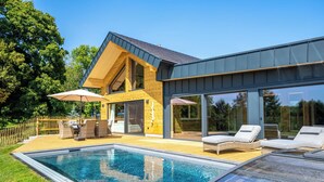 A modern house with a swimming pool, outdoor seating, and large windows. - "Whisper of Alpacas" chalet (Oederan)