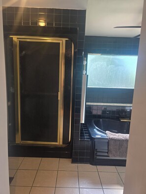 Douche, baignoire à jets, sèche-cheveux, serviettes fournies