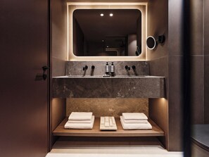 Executive Suite | Bathroom | Shower, rainfall showerhead, hair dryer, slippers - The Fiction (Marousi)
