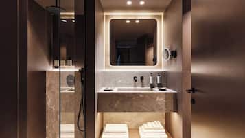 Dusche, Regendusche, Haartrockner, Hausschuhe