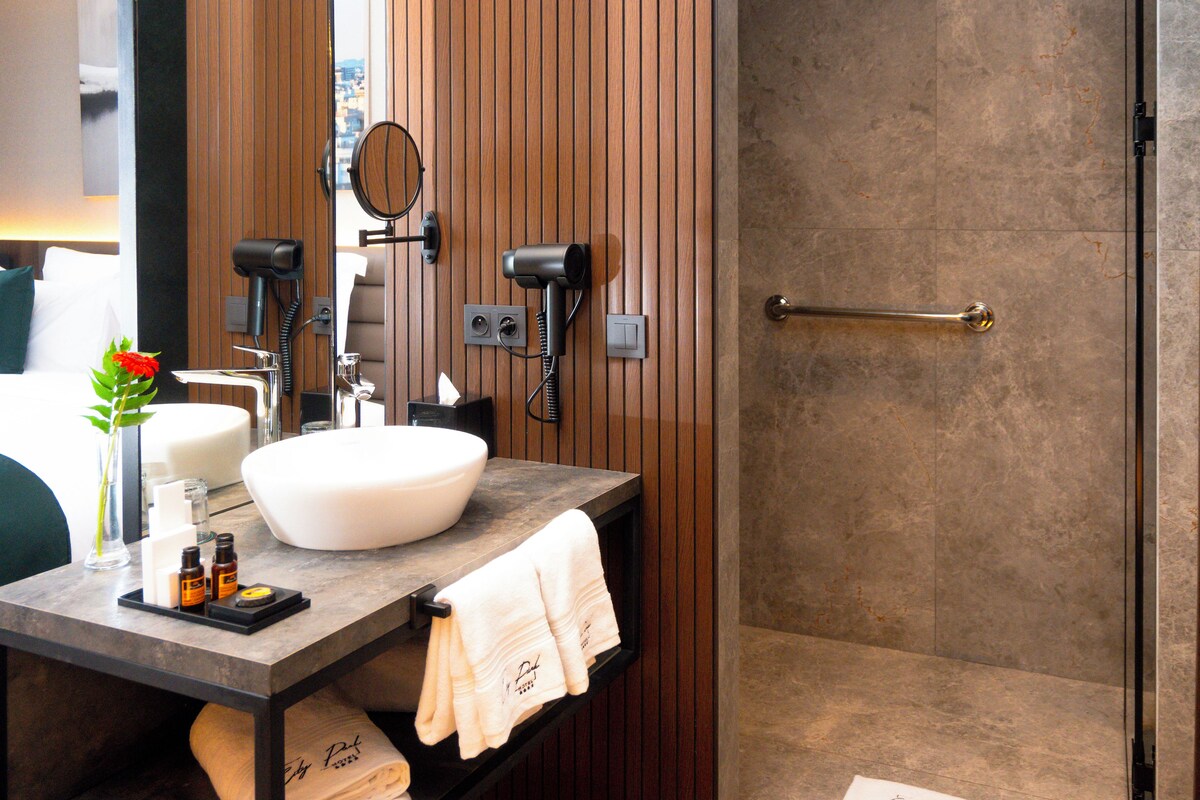 A modern bathroom with a large white sink, a mirror, a hairdryer, and a towel rack.