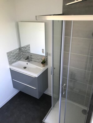 Shower, hair dryer, towels