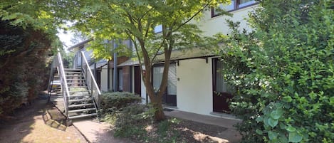 Ein Gebäude mit überdachtem Außenbereich, einer Treppe und einem Baum.