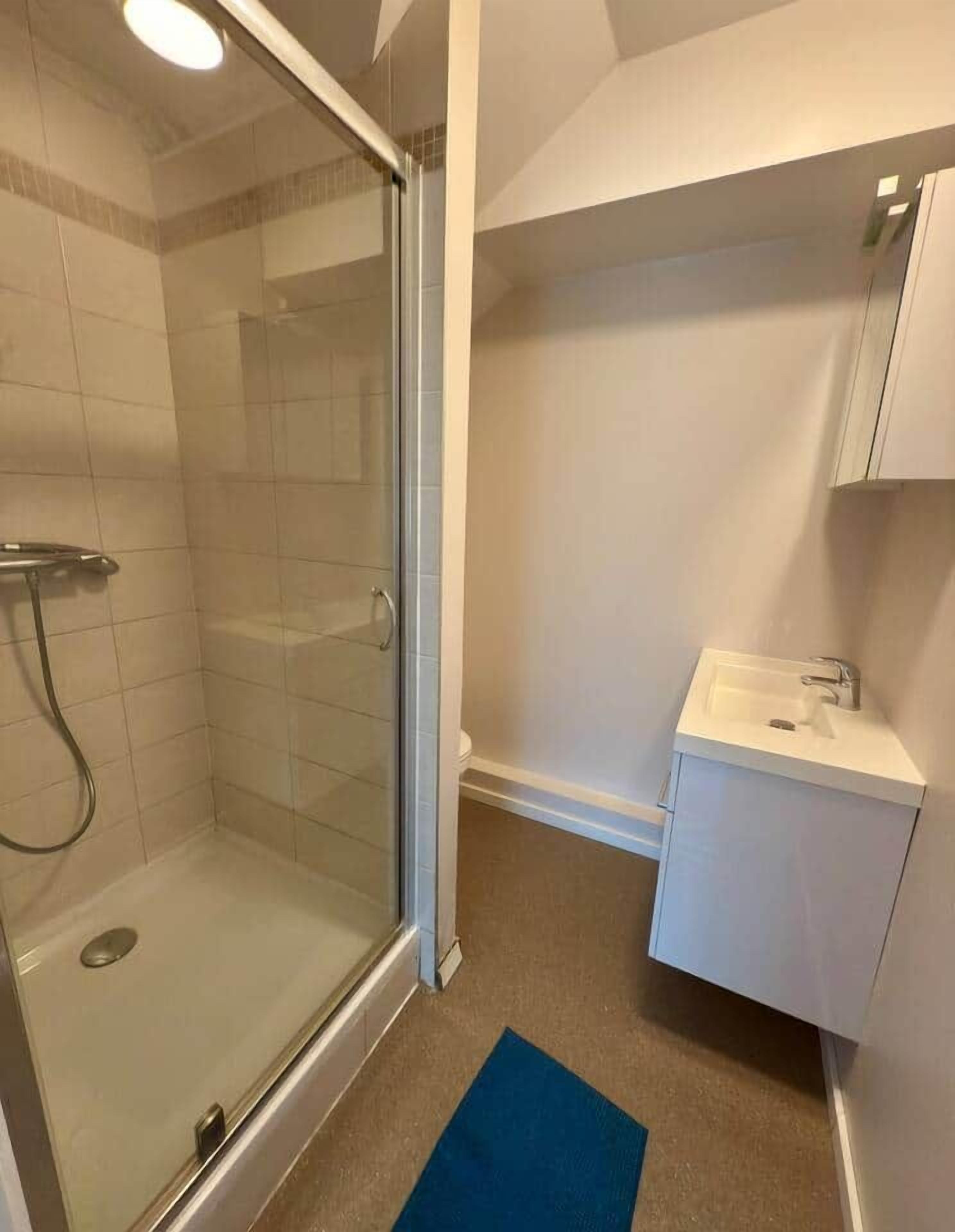 A bathroom with a glass shower enclosure, a white sink, and a blue rug.