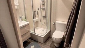 A modern bathroom with a glass-enclosed shower, a toilet, and a vanity with a mirror.