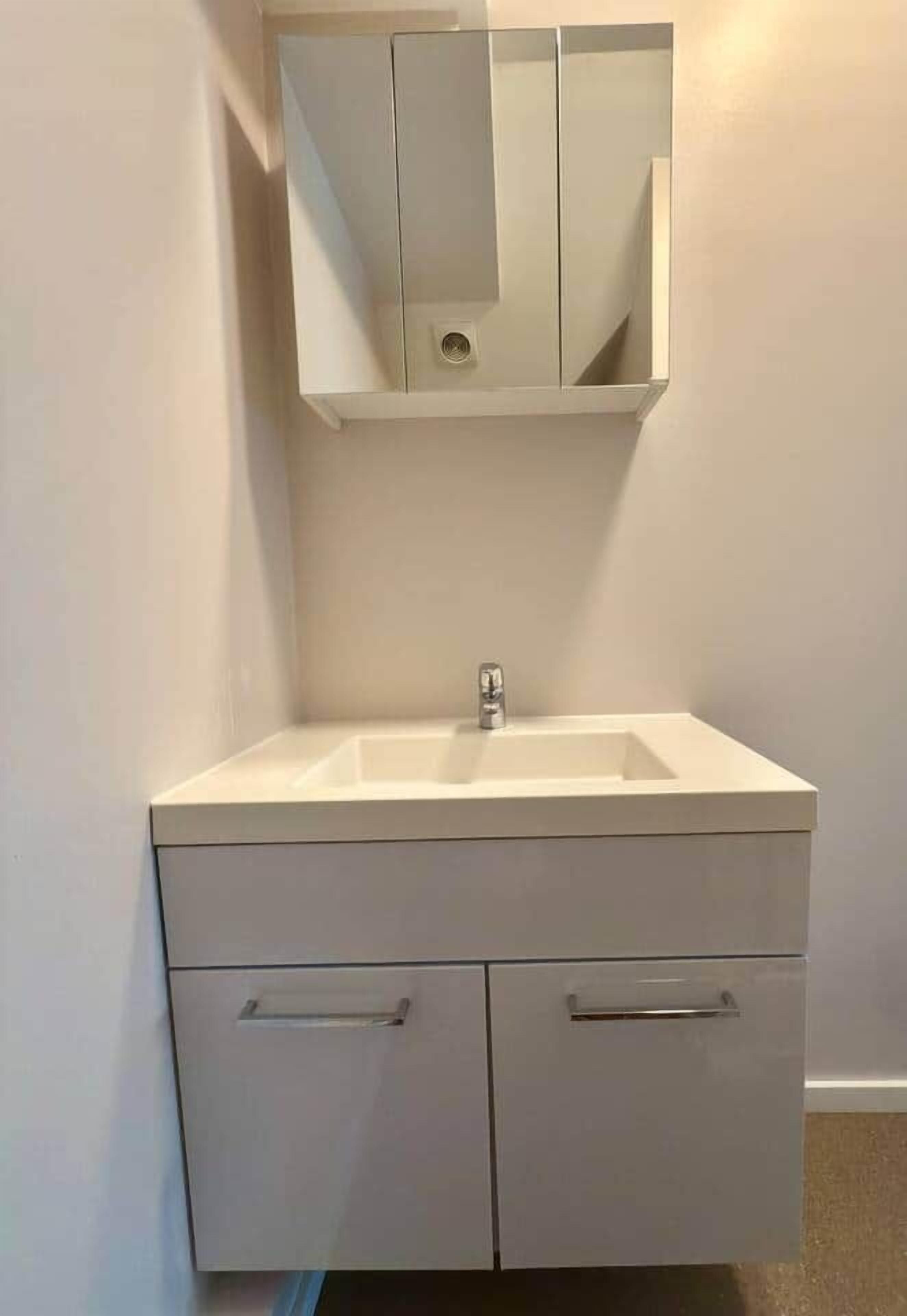 A bathroom with a white sink, a mirror above it, and two drawers below.