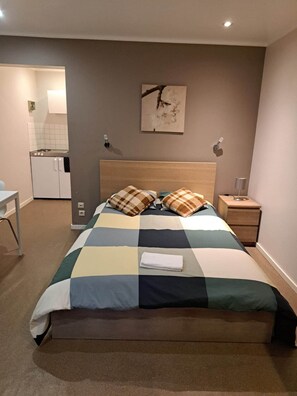 A bedroom with a bed, a nightstand, a wall-mounted lamp, a painting, and a kitchenette in the background.