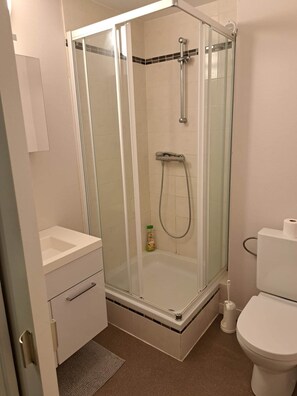 A modern bathroom with a glass-enclosed shower, a toilet, and a sink with a cabinet.