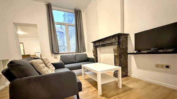 A modern living room with a sofa, a coffee table, a fireplace, and a TV mounted on the wall. - Jumet 242 D'Bruxelles-charleroi-airport (Charleroi)