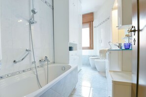 Shower, hair dryer, bidet, towels