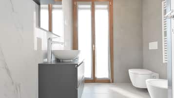 Shower, hair dryer, bidet, towels