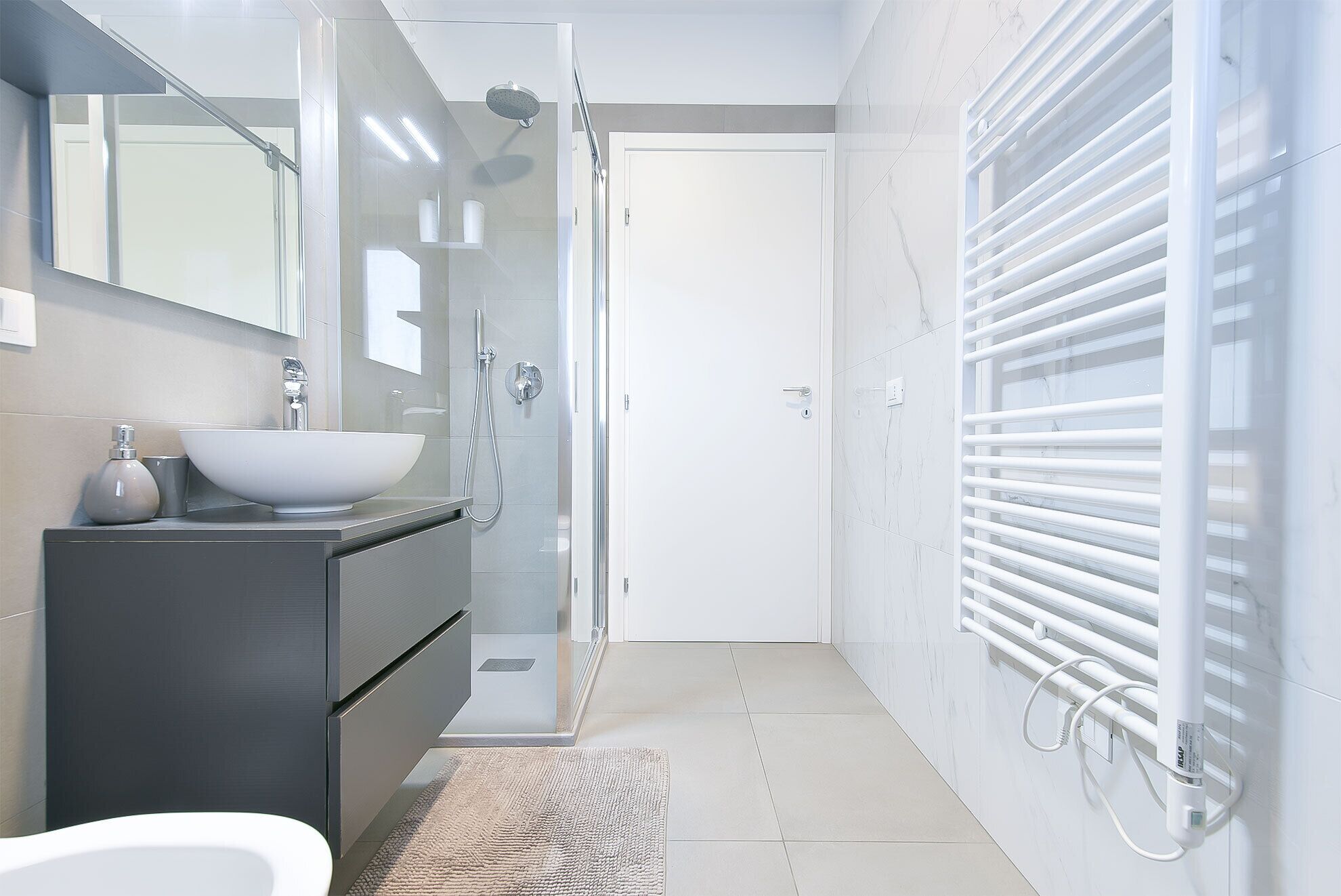 Shower, hair dryer, bidet, towels