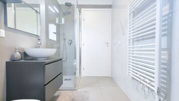Shower, hair dryer, bidet, towels