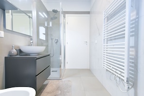 Shower, hair dryer, bidet, towels