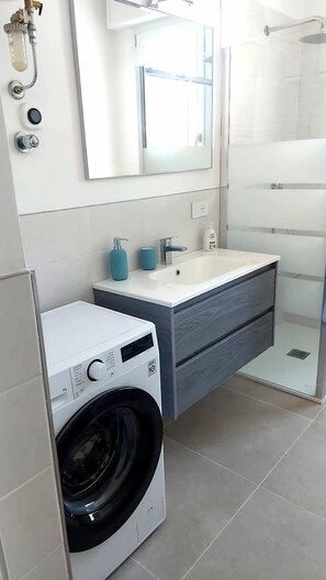 Shower, hair dryer, bidet, towels