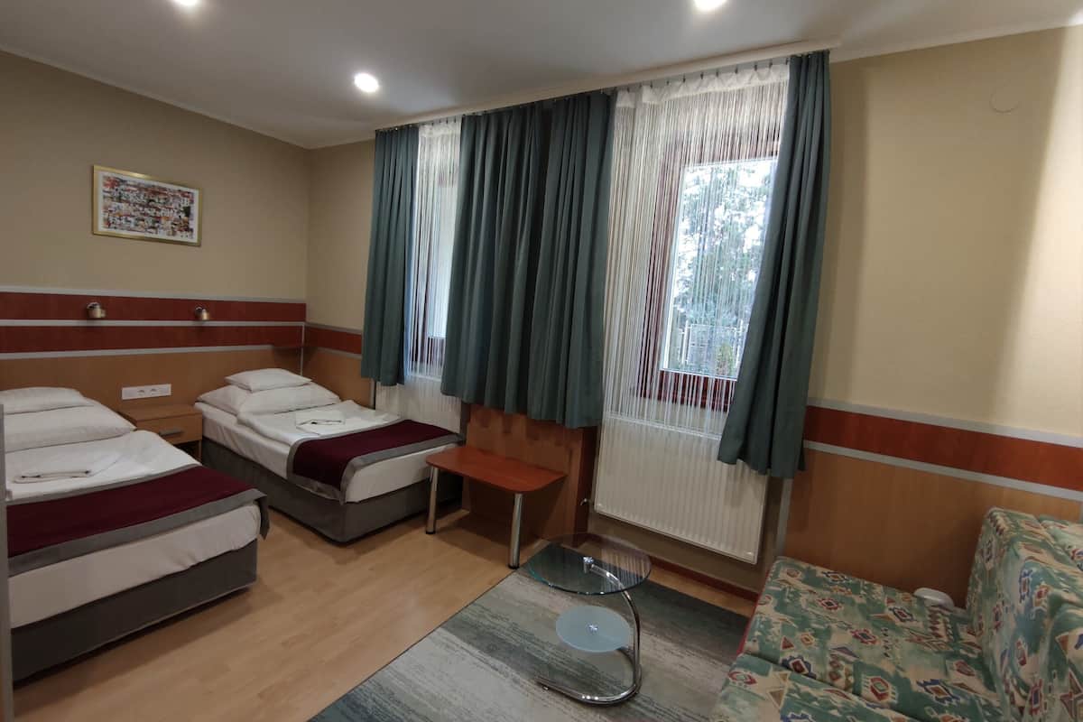 Una habitación de hotel con dos camas individuales, una mesita, un sofá y una ventana con cortinas.