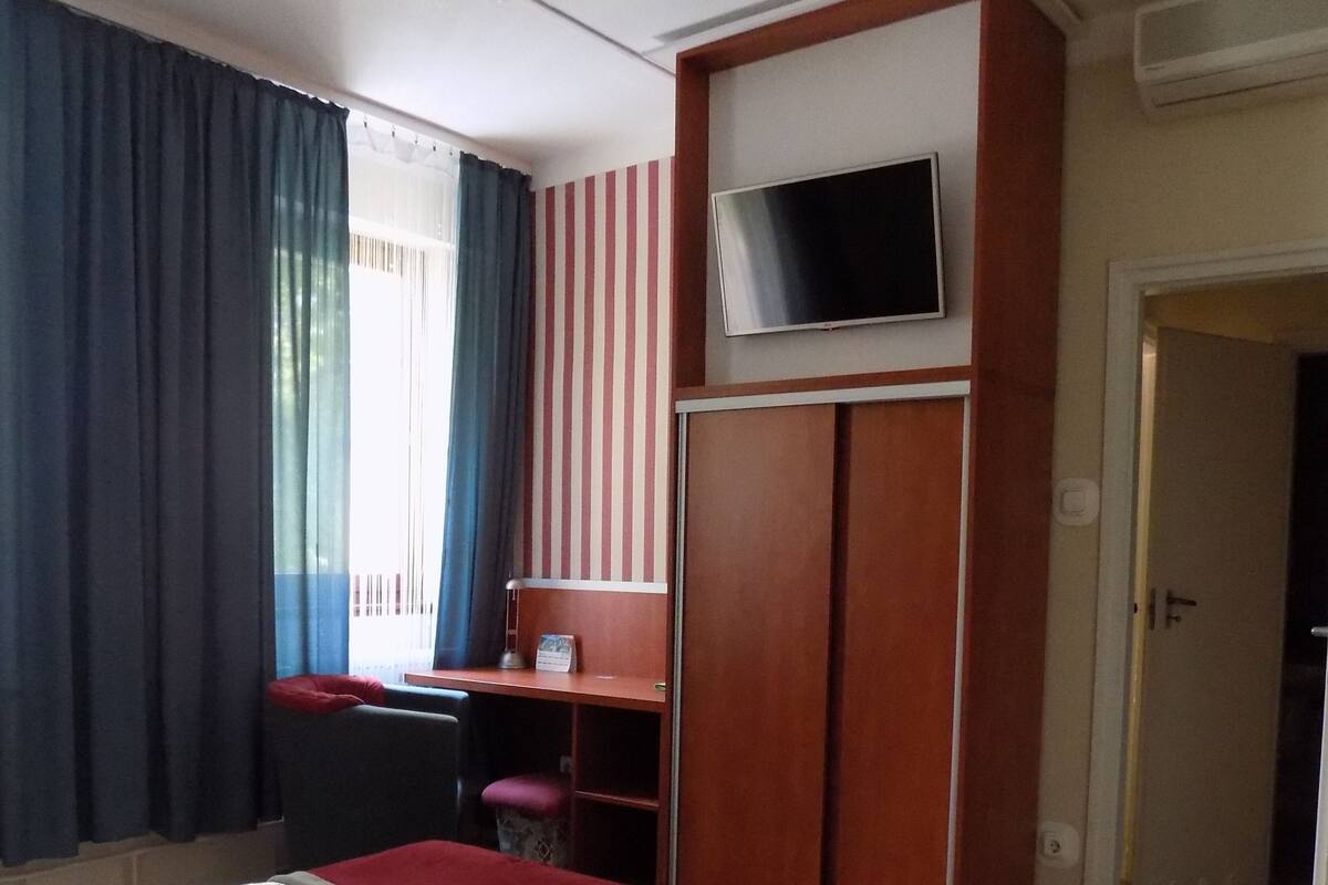 Una habitación de hotel con cama, escritorio, televisor y puerta.
