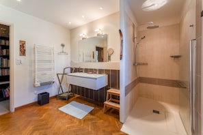 Shower, free toiletries, hair dryer, towels