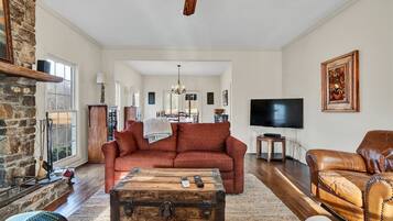 Smart TV, fireplace, books