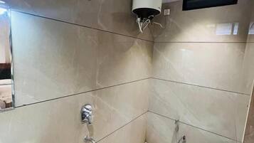 Shower, free toiletries, towels, soap