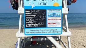 Una silla de salvavidas con un letrero que indica que pertenece al servicio de vigilancia de Middlesex Beach, con información sobre las condiciones climáticas y recomendaciones de seguridad.