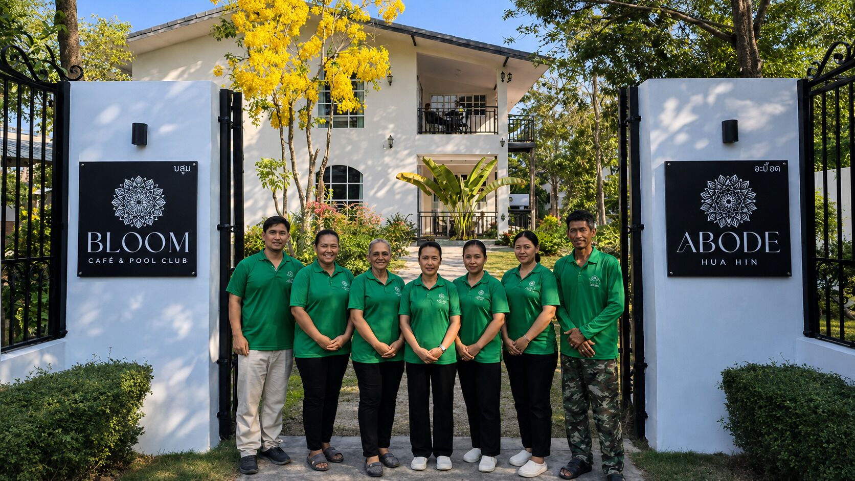 A group of people standing in front of a building with signs for 'BLOOM CAFÉ & POOL CLUB' and 'ABODE HUA HIN'.