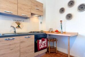 Réfrigérateur, un four, surface de cuisson, vaisselle et ustensiles