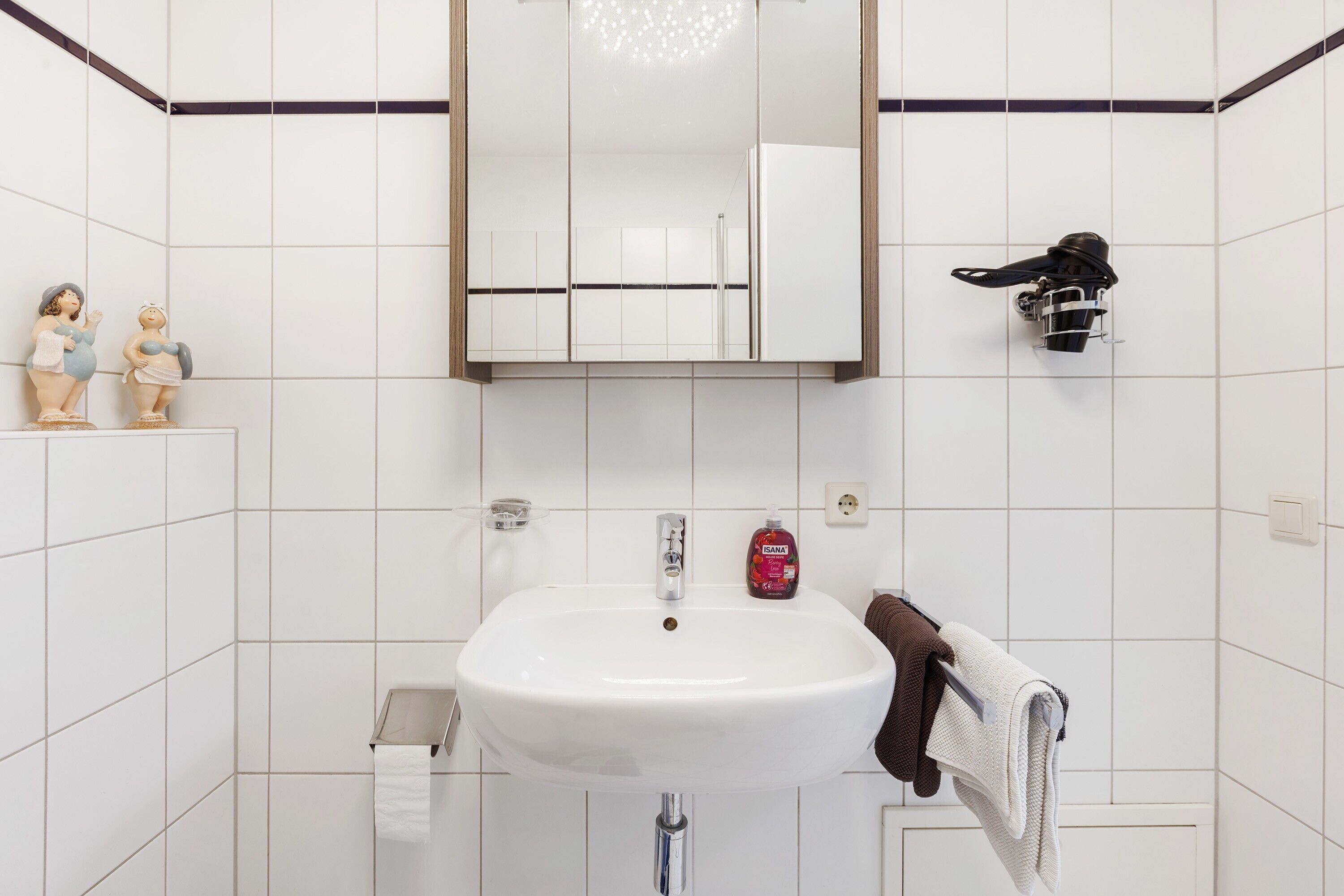 A bathroom with a white sink, mirror, and two wall-mounted towel racks.