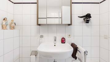 A bathroom with a white sink, mirror, and two wall-mounted towel racks.