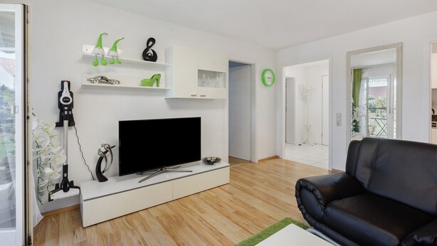 Een moderne woonkamer met een flatscreen televisie, een zwarte leren bank, houten vloeren, witte muren en een groen accentkleed.