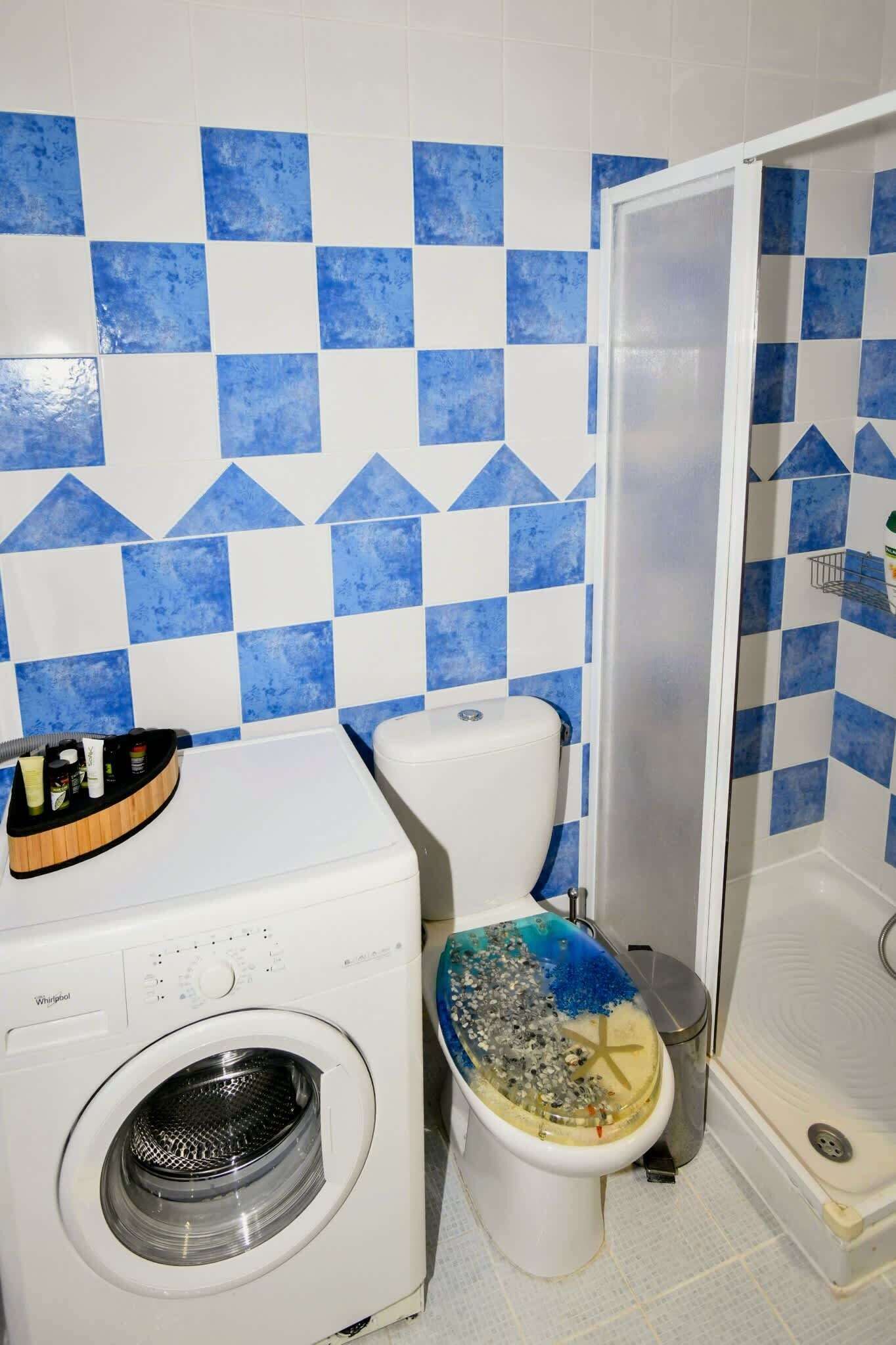 Une salle de bain équipée d’un lave-linge, de toilettes et d’un espace douche.