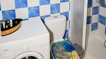 Une salle de bain équipée d’un lave-linge, de toilettes et d’un espace douche.