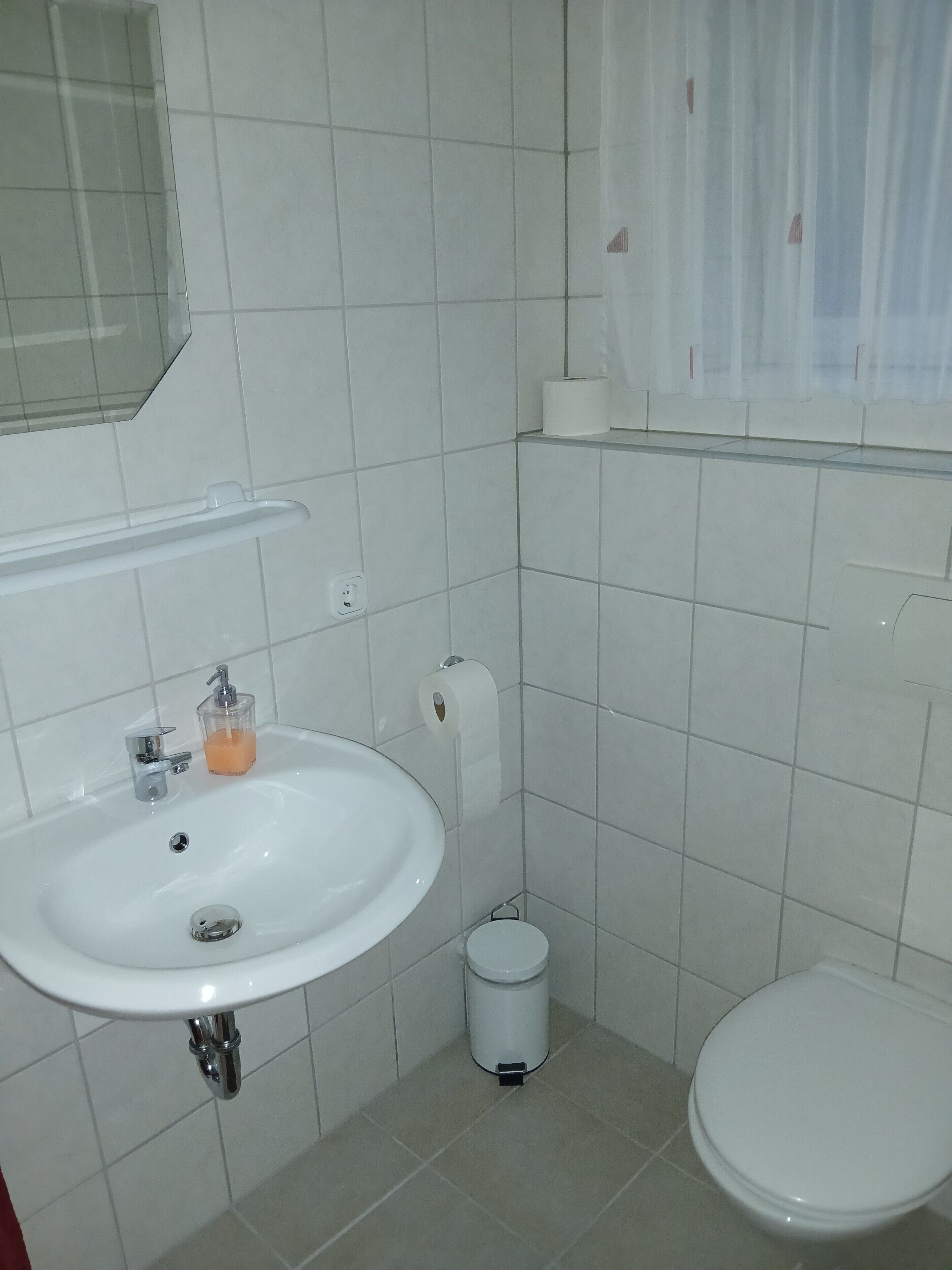 A bathroom with a sink, toilet, and a small trash bin.