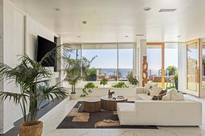 Televisio, takka, työhuone