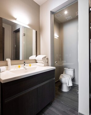 Une salle de bain moderne avec un grand miroir, un lavabo doté de nombreux accessoires, des toilettes et une douche à parois de verre.