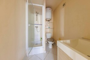 Hair dryer, towels, soap, toilet paper