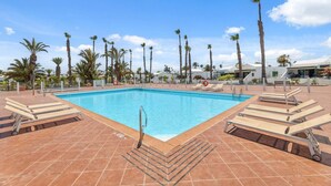 A rectangular swimming pool with a tiled deck, surrounded by palm trees and lounge chairs. - Apt. Casa Coco - Aura Villas (Playa Blanca)
