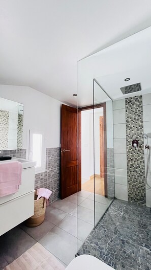 Shower, hair dryer, towels