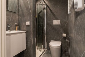 A modern bathroom with a glass shower enclosure, a toilet, and a sink with a mirror.