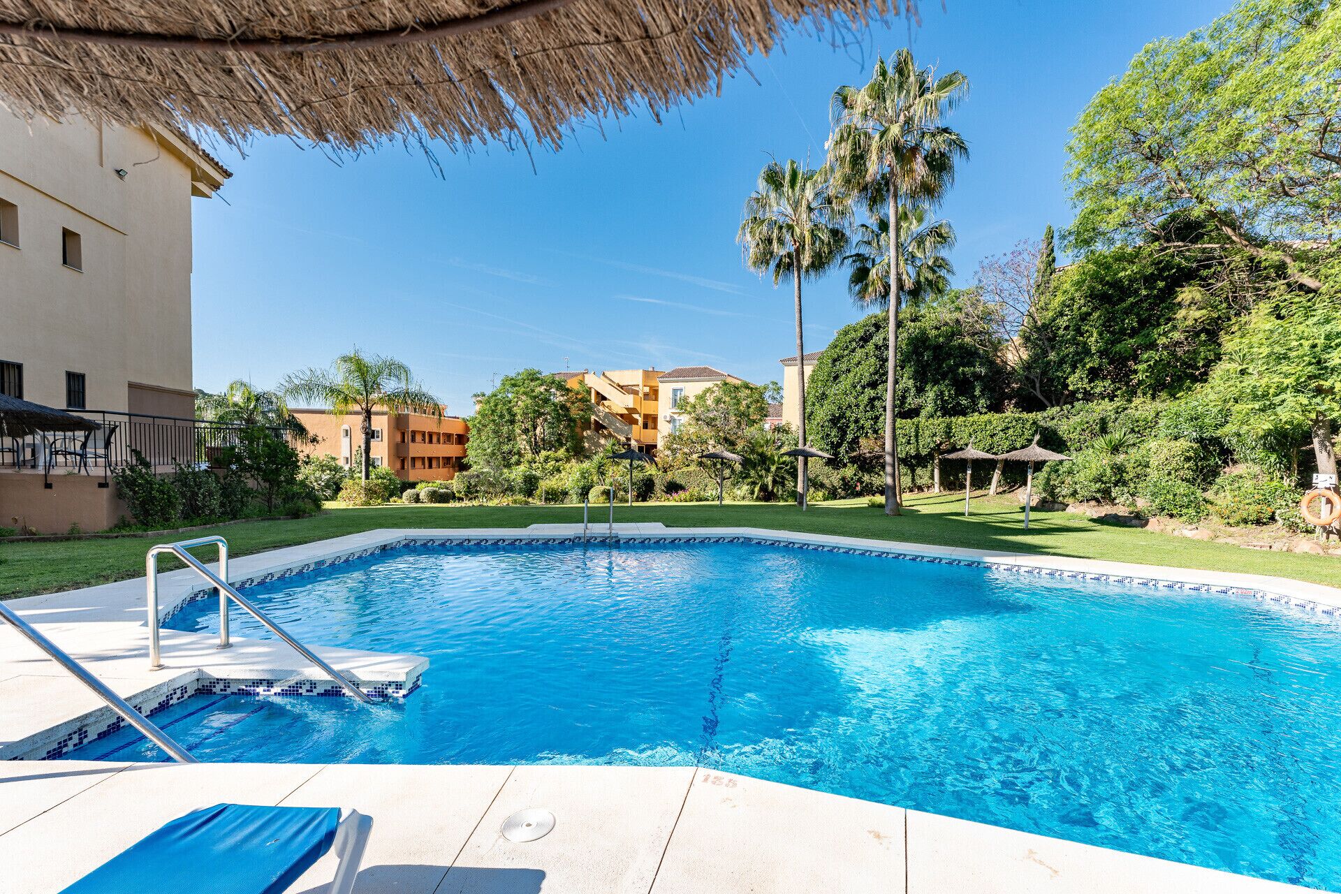 A swimming pool with a diving board, surrounded by greenery and buildings.