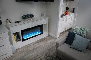Smart TV, fireplace, books