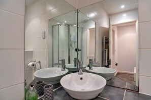 Shower, hair dryer, towels