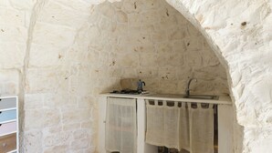 Una cocina de paredes de piedra con estufa a gas, lavabo y un armario de madera.