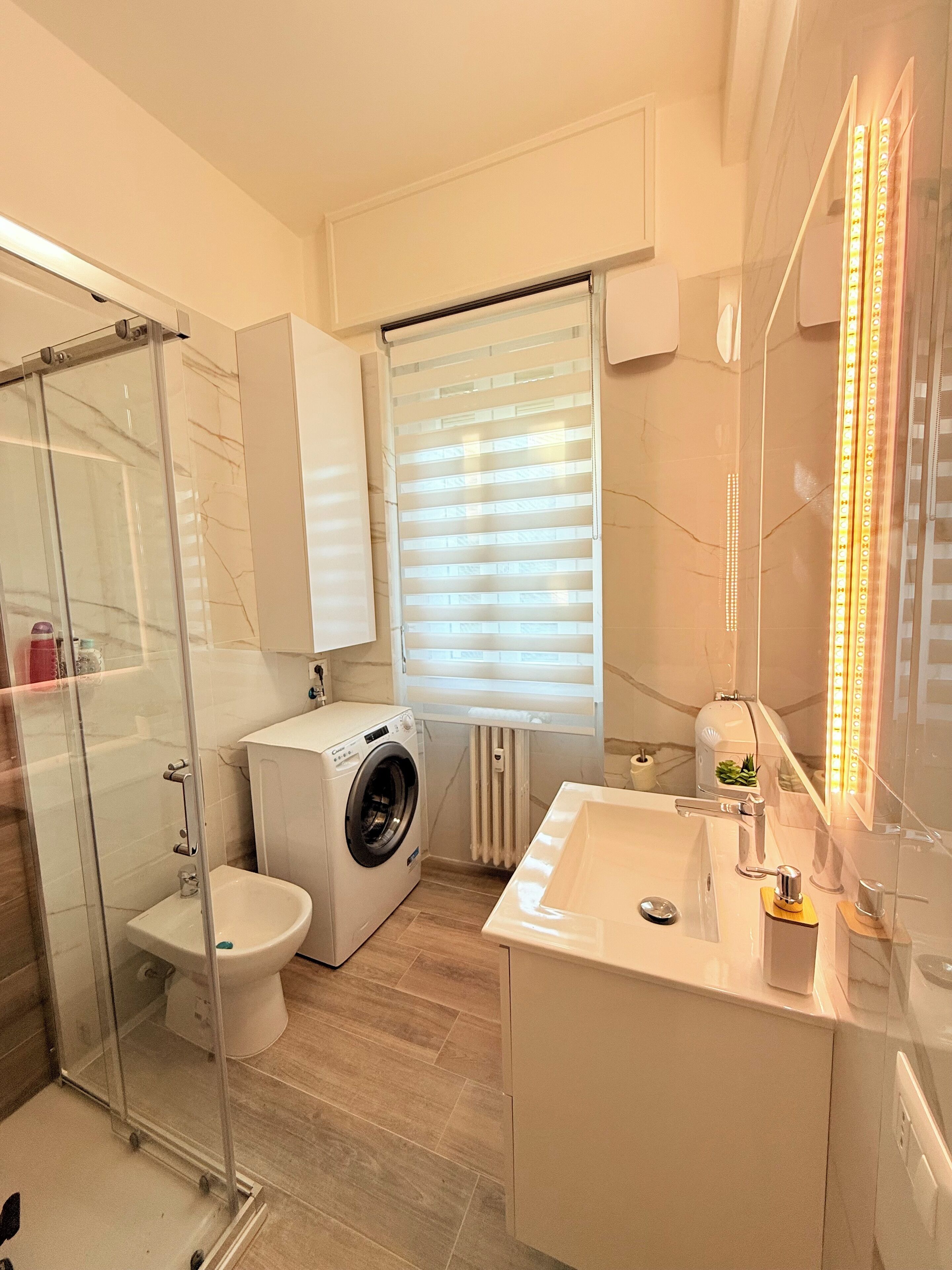 Shower, hair dryer, bidet, towels