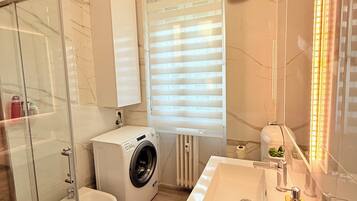 Shower, hair dryer, bidet, towels