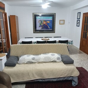 Smart TV, DVD player, books, music library