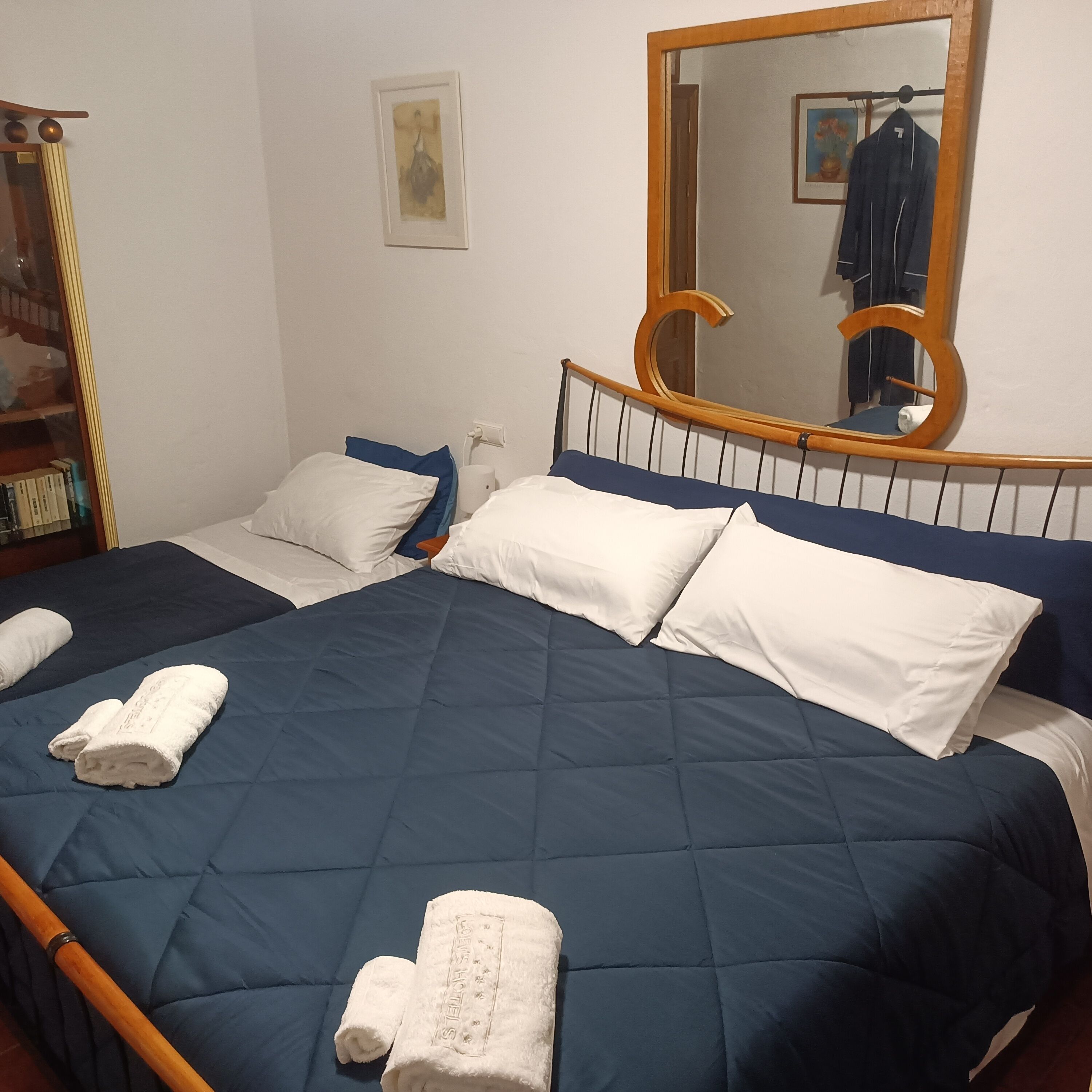 Une chambre d’hôtel avec deux lits, chacun recouvert d’une couette bleue et agrémenté d’oreillers blancs. On y trouve une tête de lit en bois, un miroir et une bibliothèque remplie de livres.